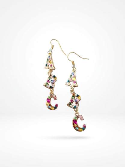 ABC Rhinestone Dangle Earrings — Colorful Letter Charm Wire Earrings