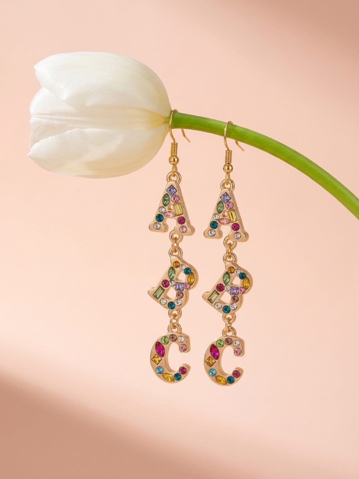 ABC Rhinestone Dangle Earrings — Colorful Letter Charm Wire Earrings