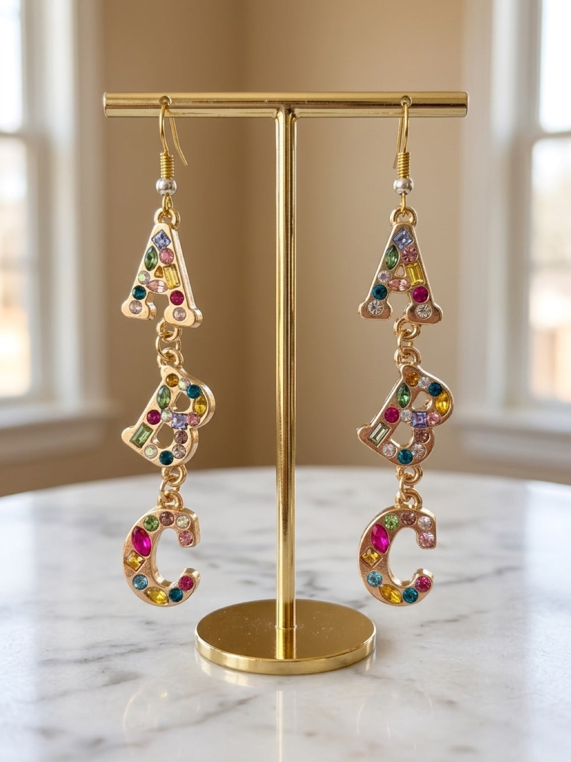 ABC Rhinestone Dangle Earrings — Colorful Letter Charm Wire Earrings