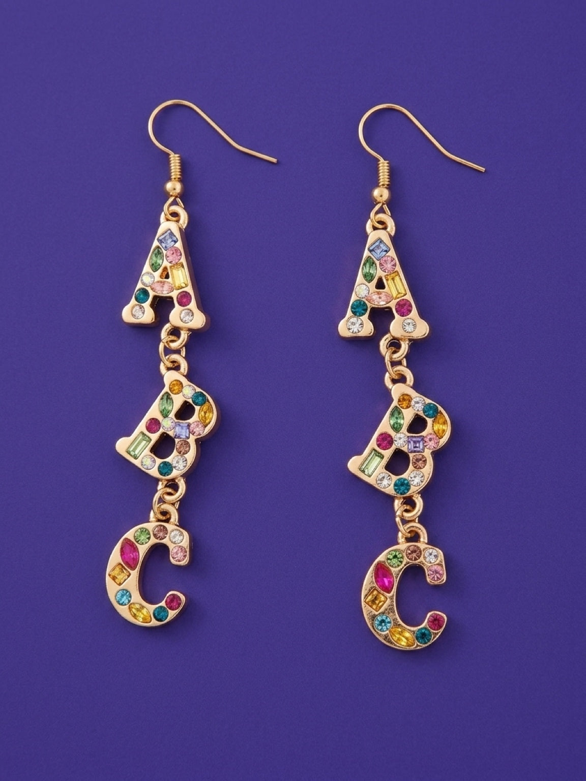 ABC Rhinestone Dangle Earrings — Colorful Letter Charm Wire Earrings