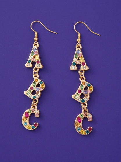 ABC Rhinestone Dangle Earrings — Colorful Letter Charm Wire Earrings