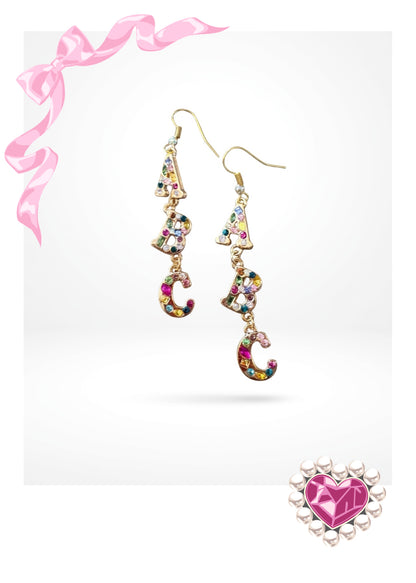 ABC Rhinestone Dangle Earrings — Colorful Letter Charm Wire Earrings