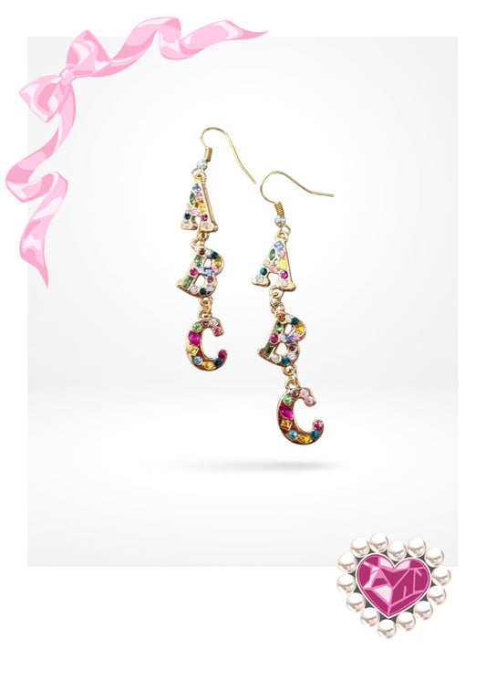 ABC Rhinestone Dangle Earrings — Colorful Letter Charm Wire Earrings
