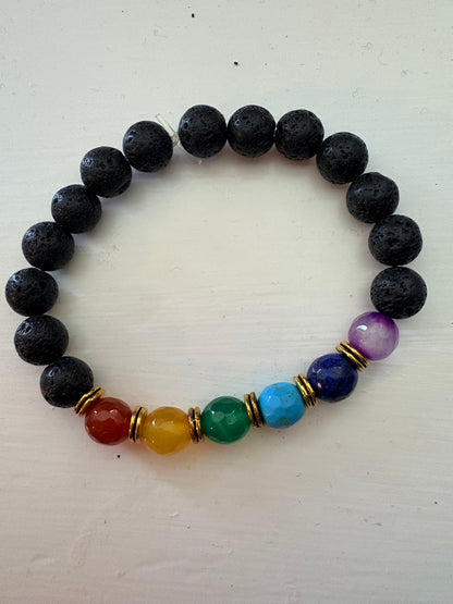 7 Chakra Lava Stone Beaded Stretch Bracelet — Dyed Stone & Gold Spacers, 7"