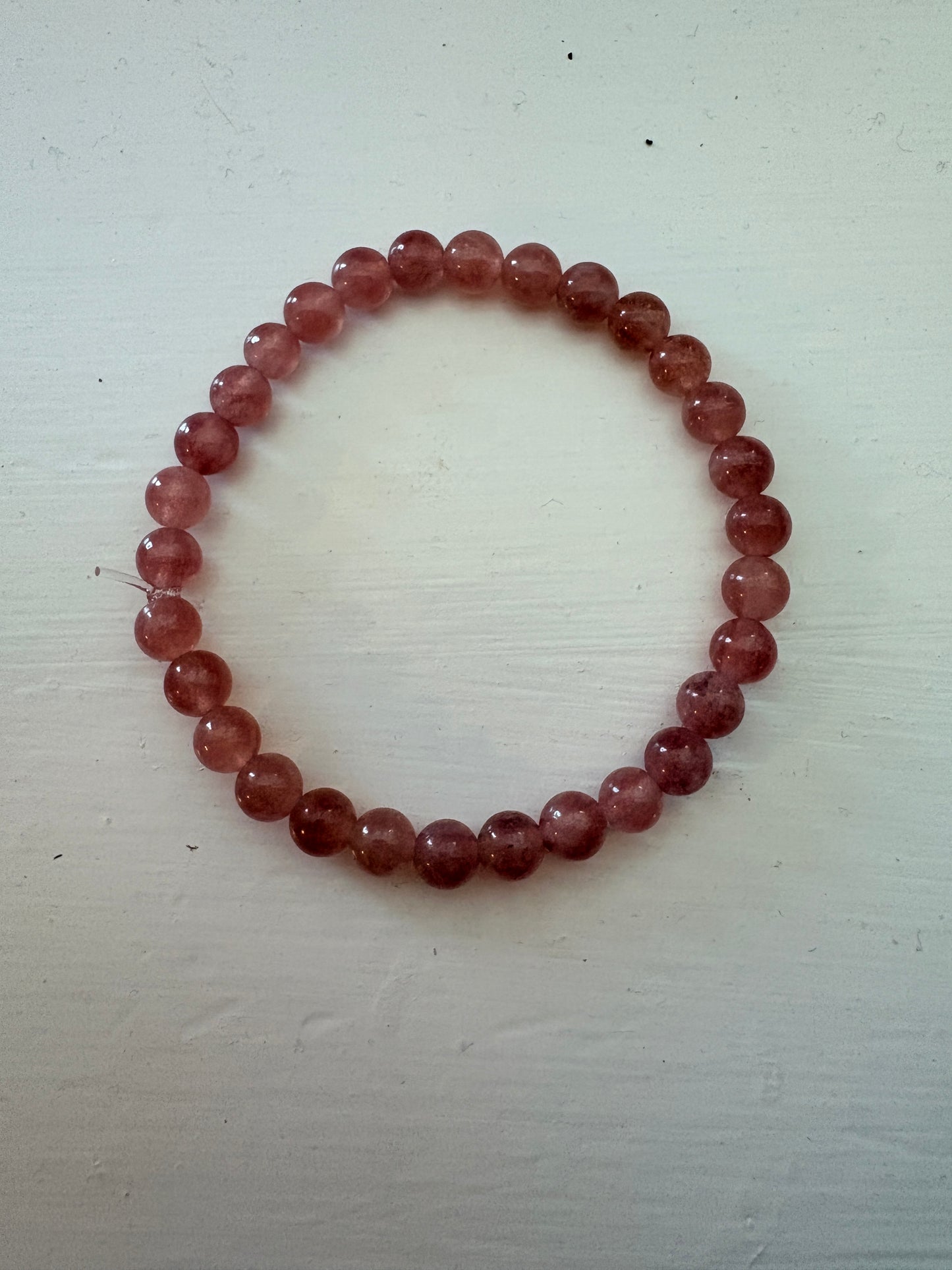 Strawberry Quartz Round Beaded Stretch Bracelet — 6mm Glossy Beads, 7"
