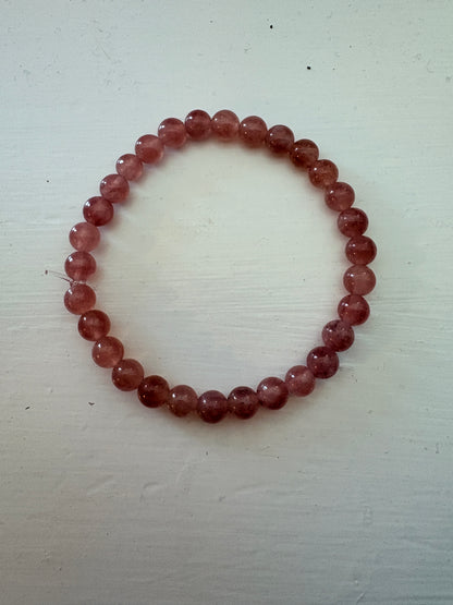 Strawberry Quartz Round Beaded Stretch Bracelet — 6mm Glossy Beads, 7"