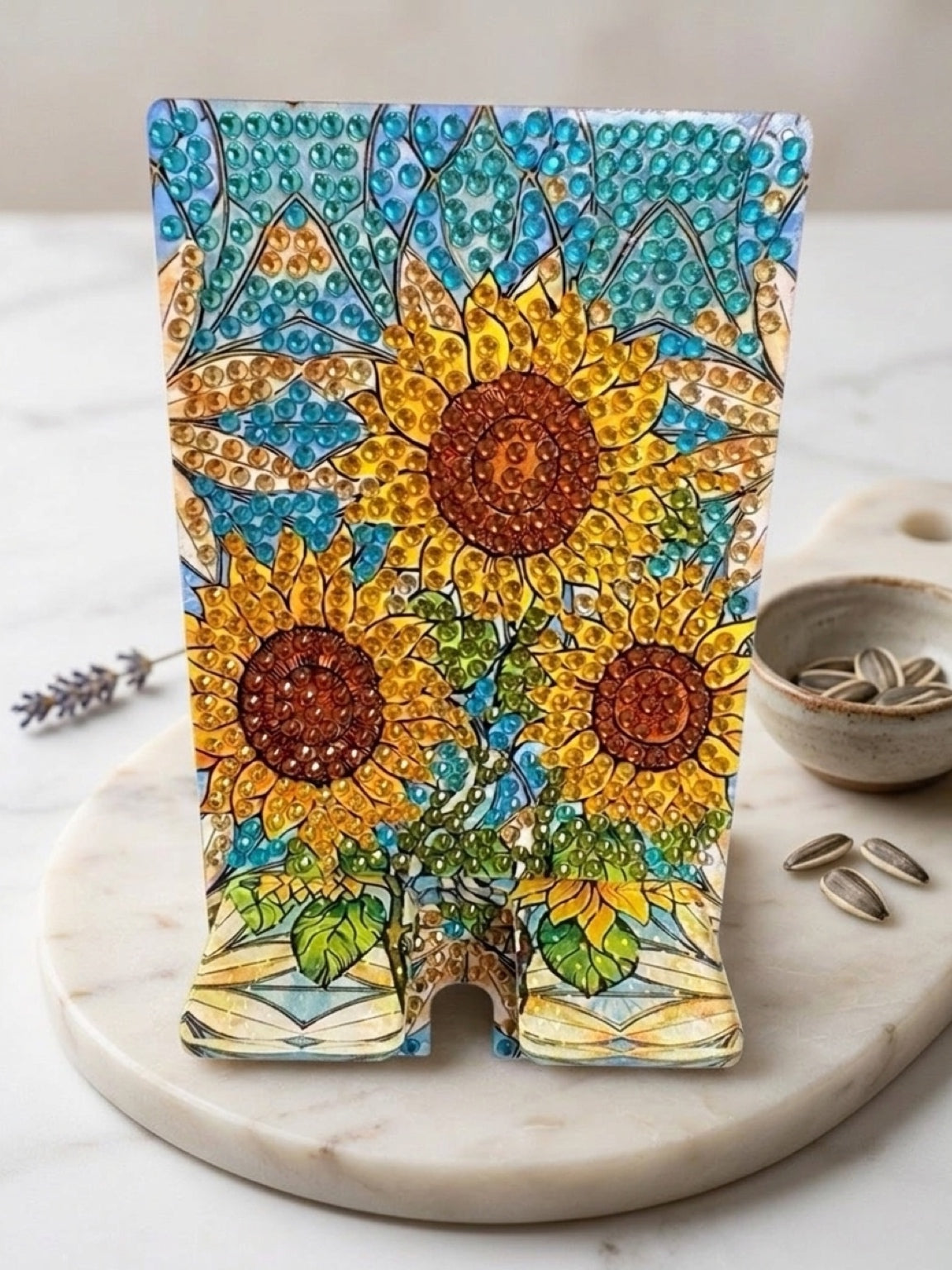 Diamond Art Sunflower Cell Phone Holder — Phone Stand, Hand-Decorated