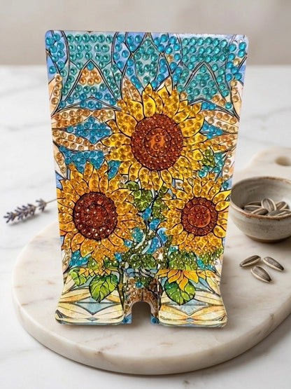 Diamond Art Sunflower Cell Phone Holder — Phone Stand, Hand-Decorated