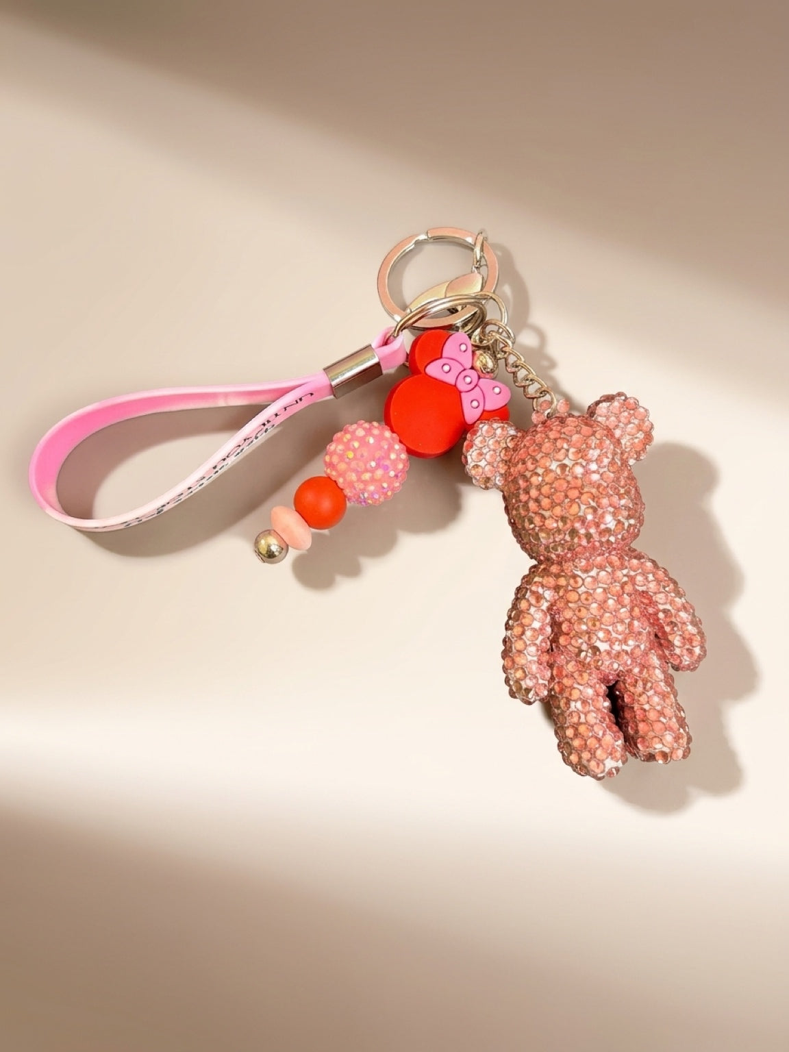 Pink Bling Bear Wristlet Keychain — Rhinestone Bear Charm & Mouse Ear Bead Strand