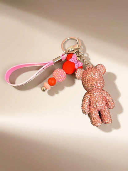 Pink Bling Bear Wristlet Keychain — Rhinestone Bear Charm & Mouse Ear Bead Strand