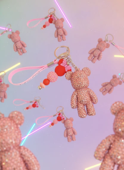 Pink Bling Bear Wristlet Keychain — Rhinestone Bear Charm & Mouse Ear Bead Strand