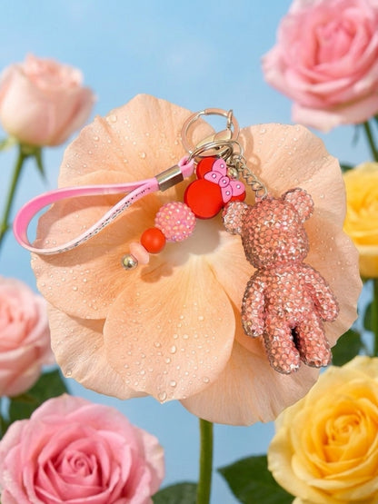 Pink Bling Bear Wristlet Keychain — Rhinestone Bear Charm & Mouse Ear Bead Strand