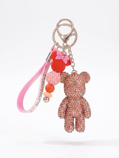 Pink Bling Bear Wristlet Keychain — Rhinestone Bear Charm & Mouse Ear Bead Strand