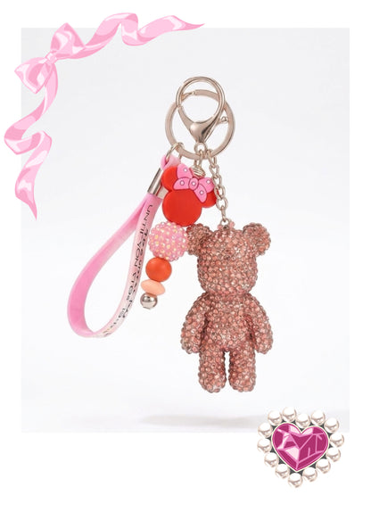 Pink Bling Bear Wristlet Keychain — Rhinestone Bear Charm & Mouse Ear Bead Strand