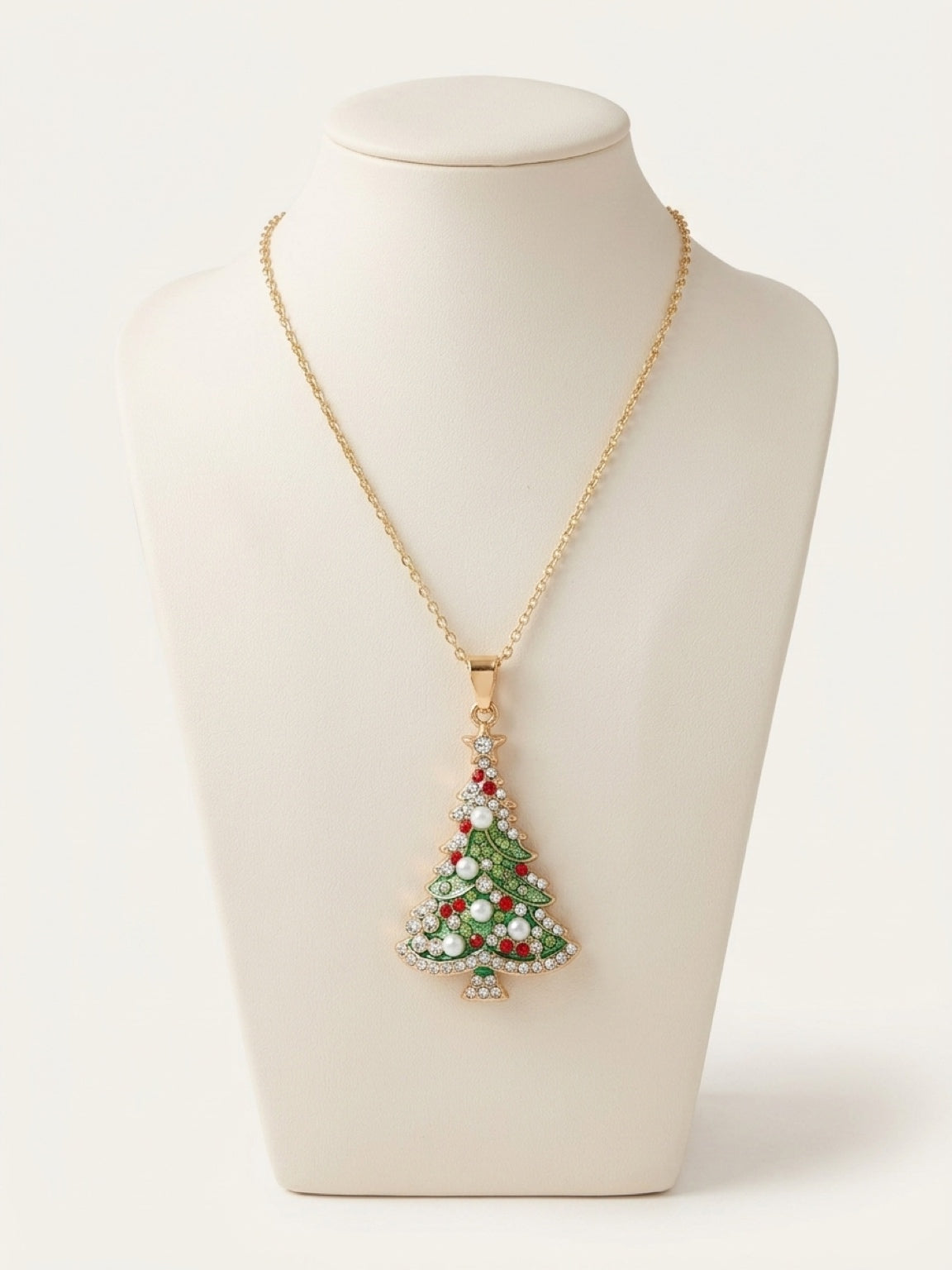 Rhinestone Christmas Tree Pendant Necklace — Gold Plated Stainless Steel Chain
