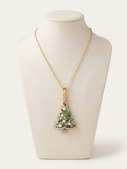 Rhinestone Christmas Tree Pendant Necklace — Gold Plated Stainless Steel Chain
