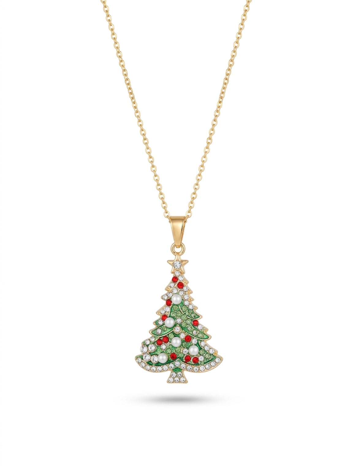 Rhinestone Christmas Tree Pendant Necklace — Gold Plated Stainless Steel Chain