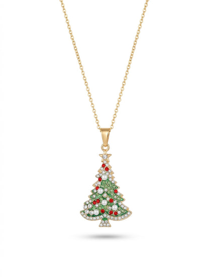 Rhinestone Christmas Tree Pendant Necklace — Gold Plated Stainless Steel Chain