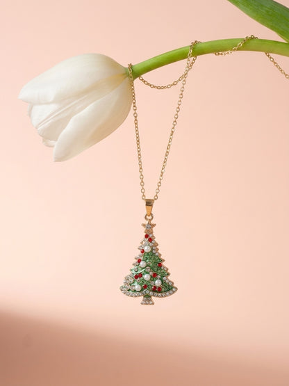 Rhinestone Christmas Tree Pendant Necklace — Gold Plated Stainless Steel Chain