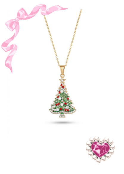 Rhinestone Christmas Tree Pendant Necklace — Gold Plated Stainless Steel Chain