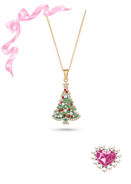 Rhinestone Christmas Tree Pendant Necklace — Gold Plated Stainless Steel Chain