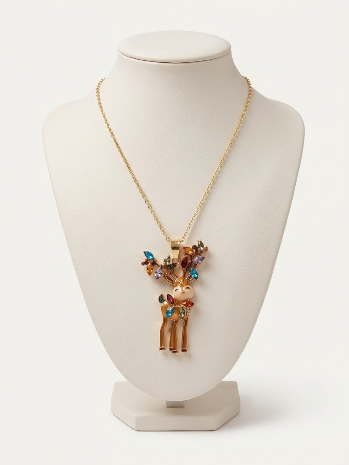Reindeer with Christmas Lights Pendant Necklace — Gold Plated Stainless Steel Chain