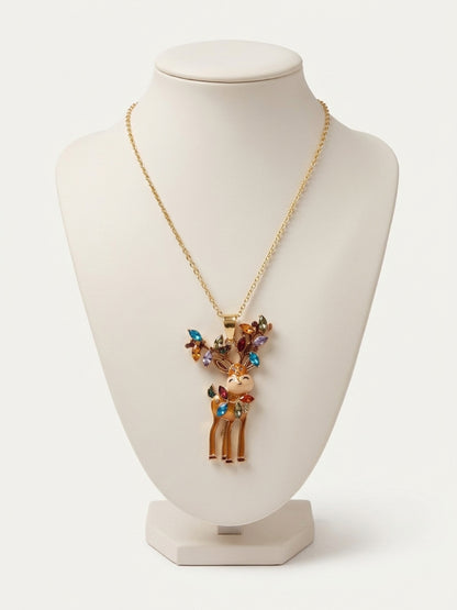 Reindeer with Christmas Lights Pendant Necklace — Gold Plated Stainless Steel Chain