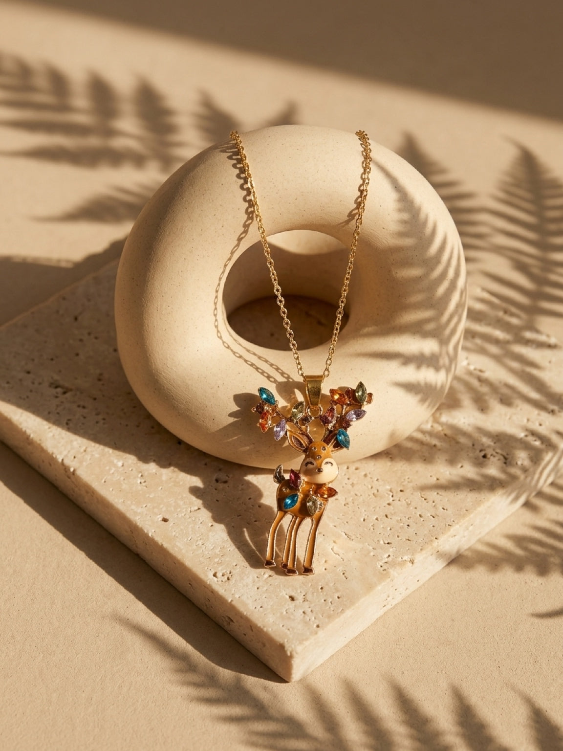 Reindeer with Christmas Lights Pendant Necklace — Gold Plated Stainless Steel Chain