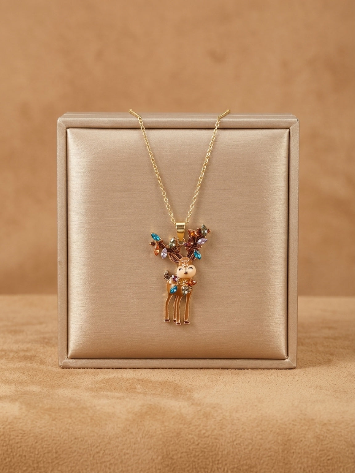 Reindeer with Christmas Lights Pendant Necklace — Gold Plated Stainless Steel Chain