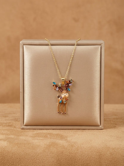 Reindeer with Christmas Lights Pendant Necklace — Gold Plated Stainless Steel Chain