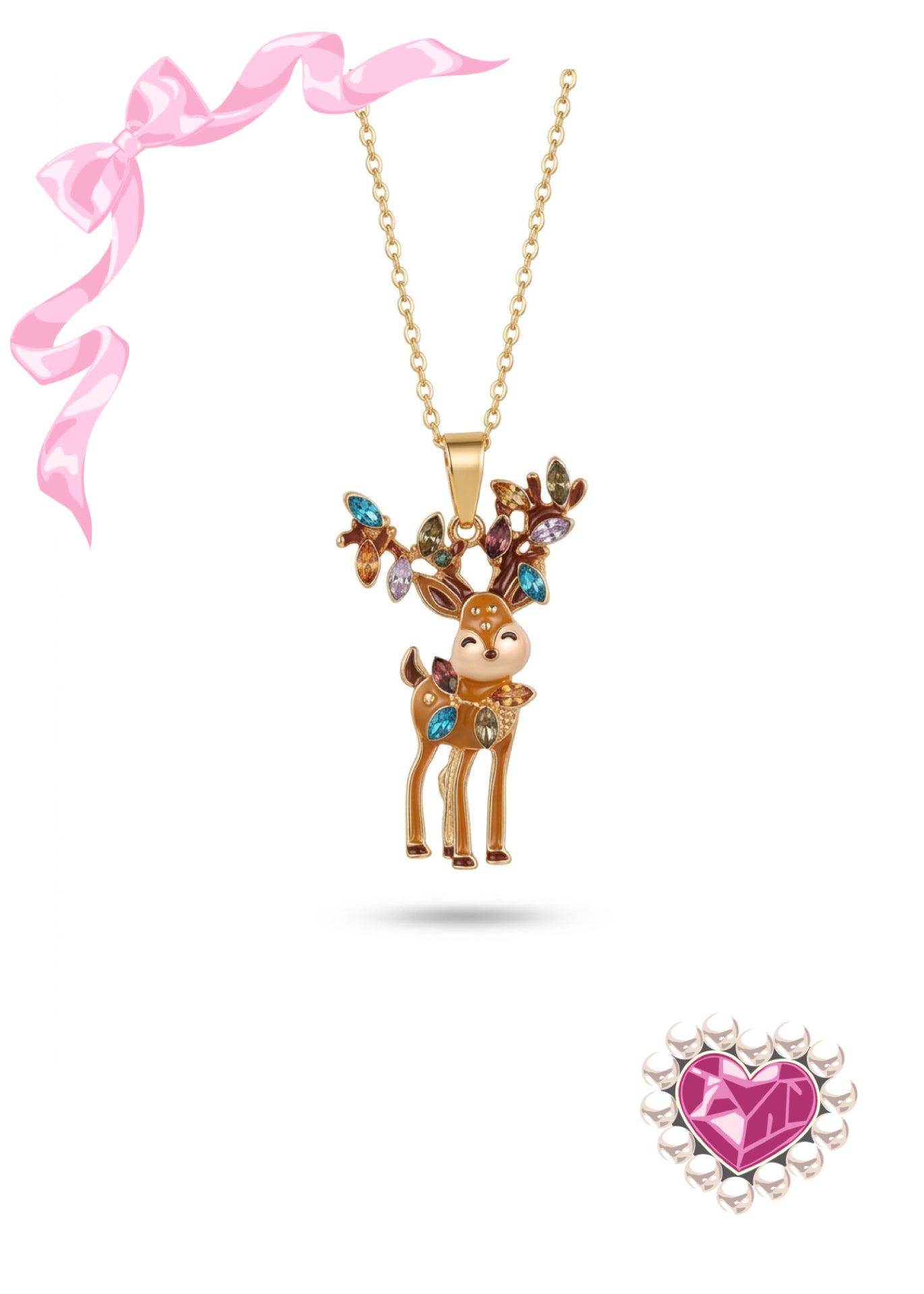 Reindeer with Christmas Lights Pendant Necklace — Gold Plated Stainless Steel Chain