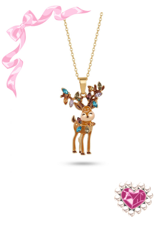 Reindeer with Christmas Lights Pendant Necklace — Gold Plated Stainless Steel Chain