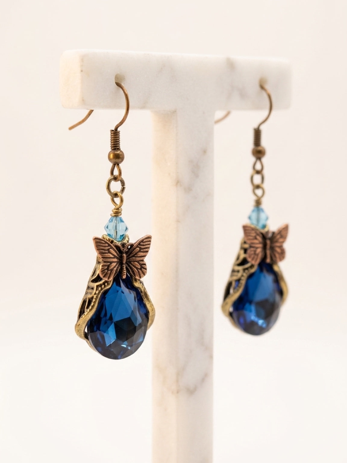 Butterfly Teardrop Glass Charm Dangle Earrings — Sapphire Blue Faceted Stone