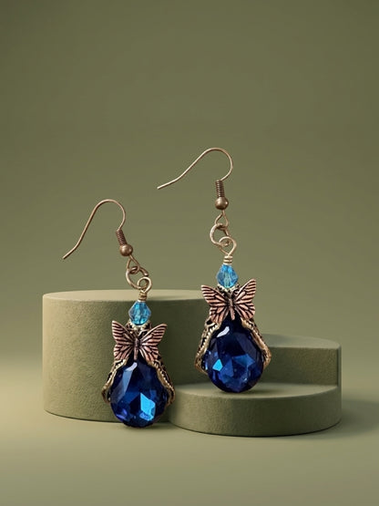 Butterfly Teardrop Glass Charm Dangle Earrings — Sapphire Blue Faceted Stone