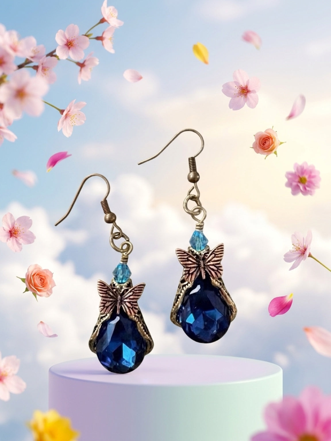 Butterfly Teardrop Glass Charm Dangle Earrings — Sapphire Blue Faceted Stone