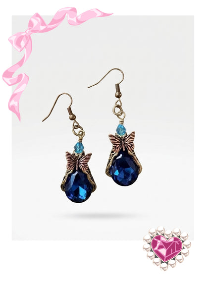 Butterfly Teardrop Glass Charm Dangle Earrings — Sapphire Blue Faceted Stone