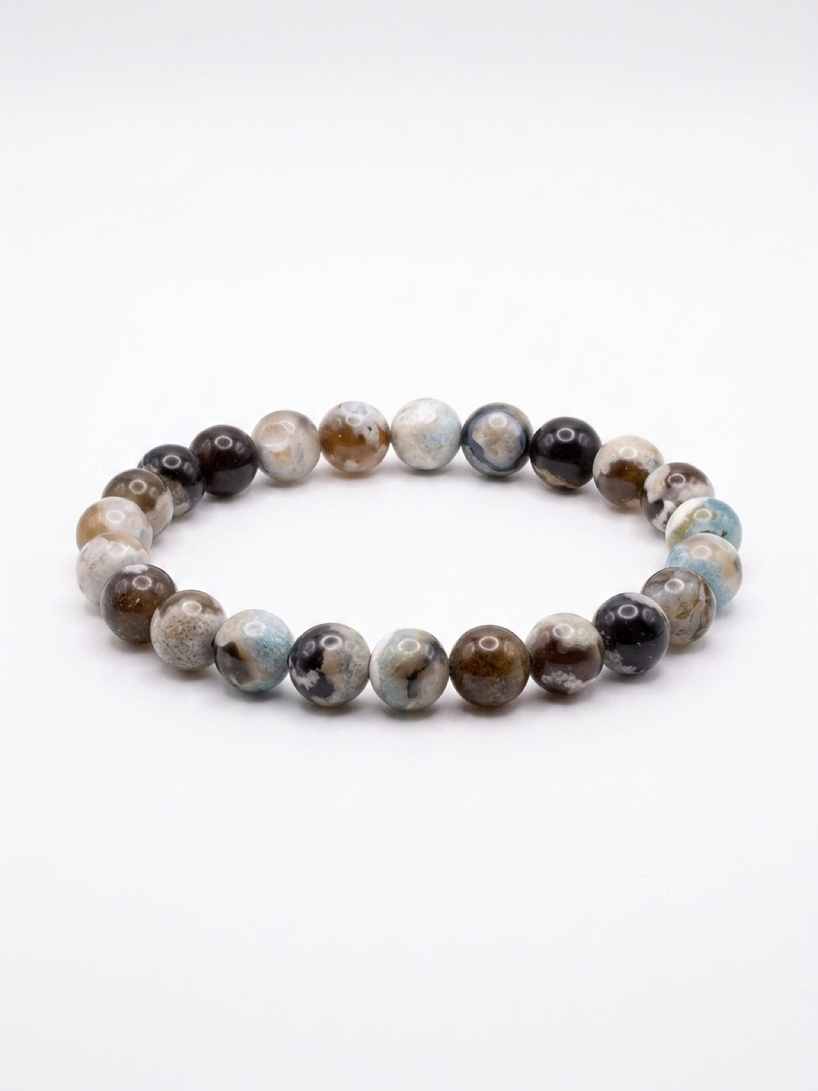 Green Medley Dyed Agate Round Beaded Stretch Bracelet — 8mm Glossy Beads, 7"