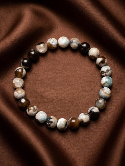 Green Medley Dyed Agate Round Beaded Stretch Bracelet — 8mm Glossy Beads, 7"