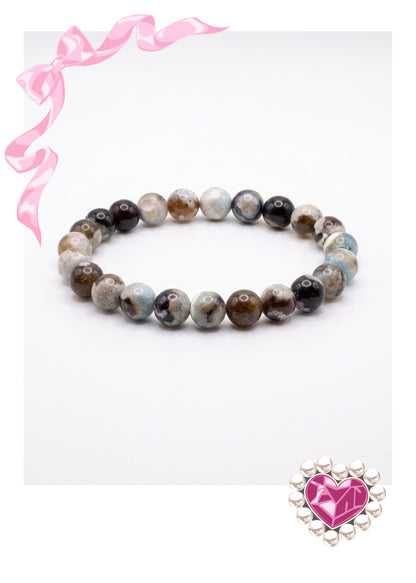 Green Medley Dyed Agate Round Beaded Stretch Bracelet — 8mm Glossy Beads, 7"