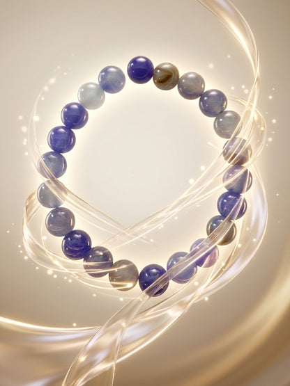 Blue Dyed Agate Round Beaded Stretch Bracelet — 8mm Glossy Beads, 7"