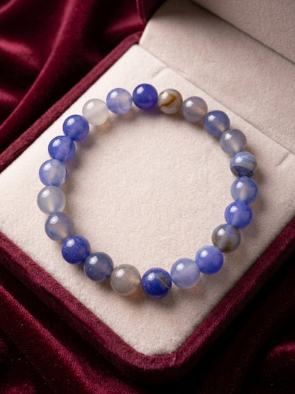 Blue Dyed Agate Round Beaded Stretch Bracelet — 8mm Glossy Beads, 7"
