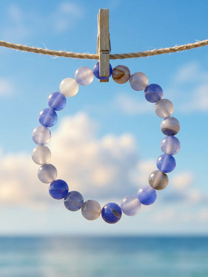 Blue Dyed Agate Round Beaded Stretch Bracelet — 8mm Glossy Beads, 7"