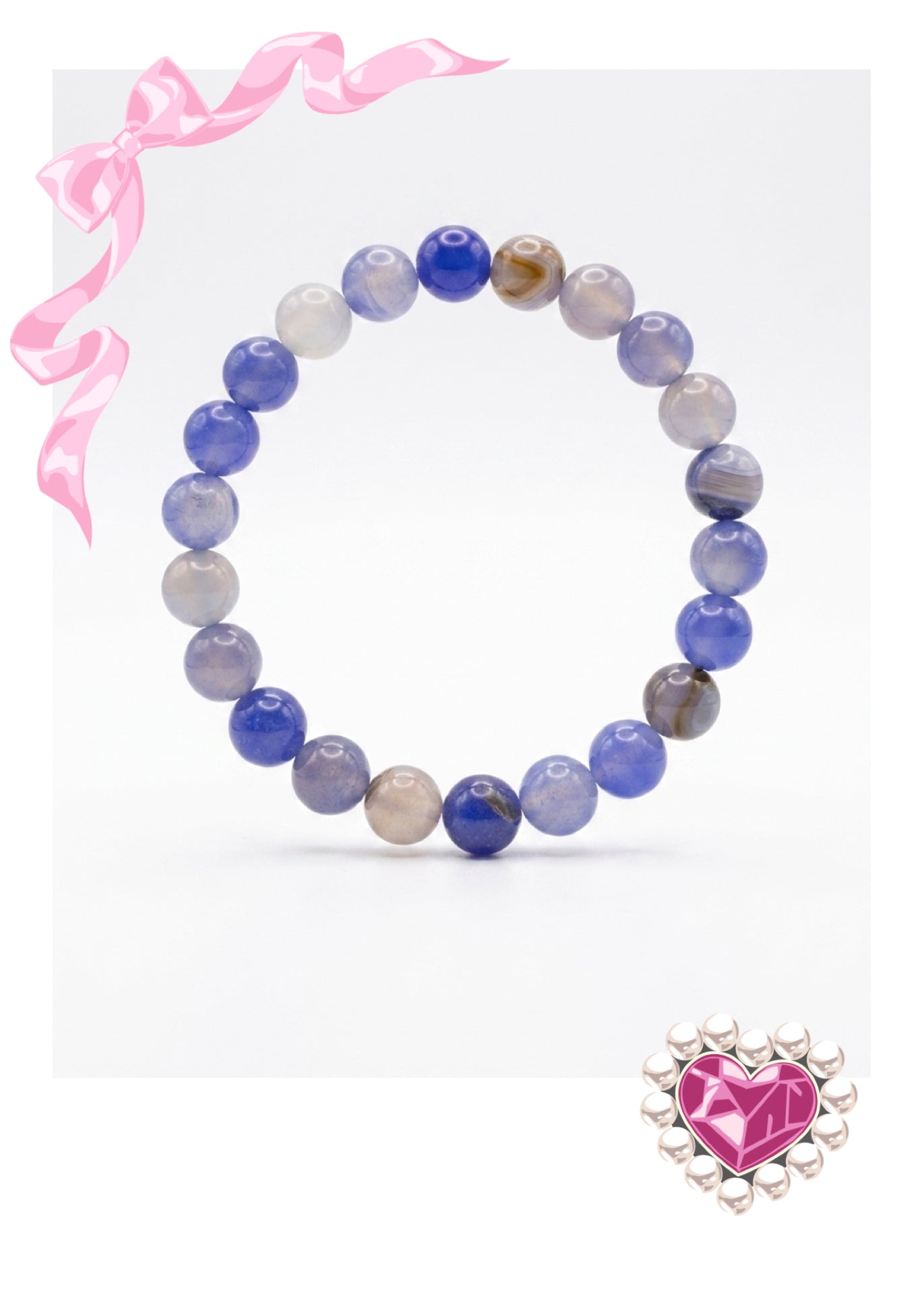 Blue Dyed Agate Round Beaded Stretch Bracelet — 8mm Glossy Beads, 7"