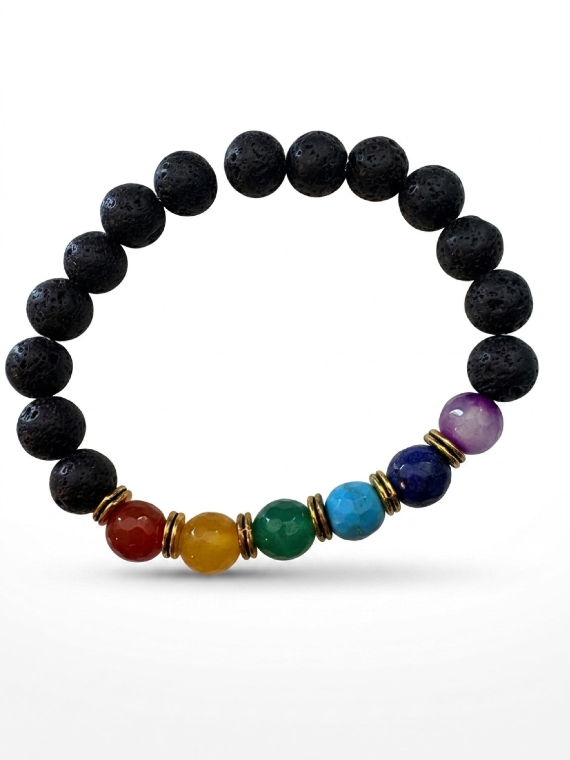 7 Chakra Lava Stone Beaded Stretch Bracelet — Dyed Stone & Gold Spacers, 7"