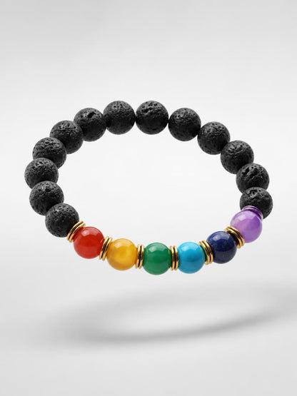 7 Chakra Lava Stone Beaded Stretch Bracelet — Dyed Stone & Gold Spacers, 7"