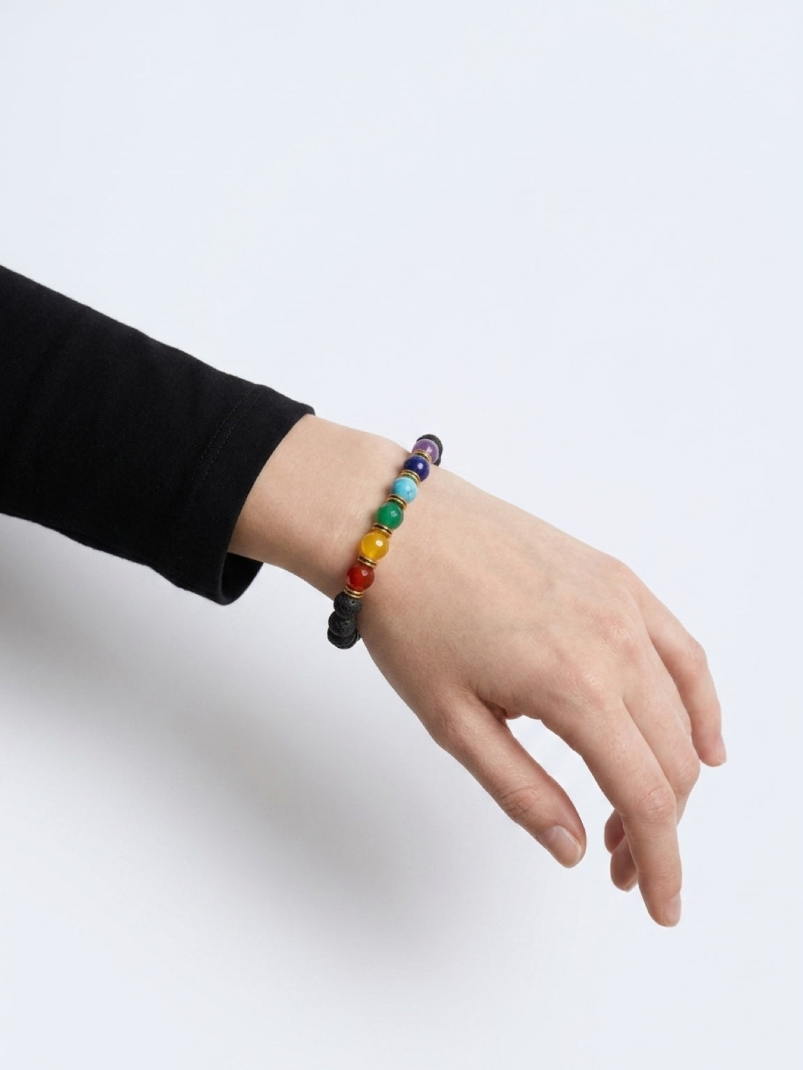 7 Chakra Lava Stone Beaded Stretch Bracelet — Dyed Stone & Gold Spacers, 7"