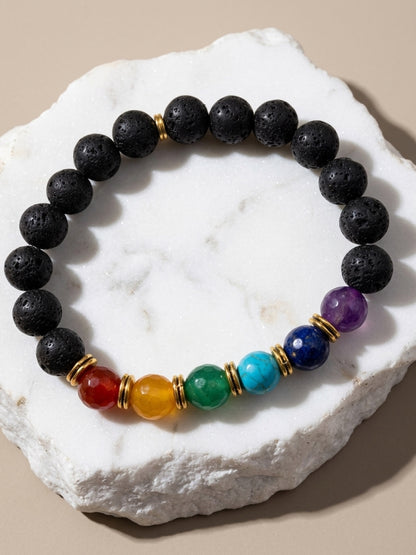 7 Chakra Lava Stone Beaded Stretch Bracelet — Dyed Stone & Gold Spacers, 7"