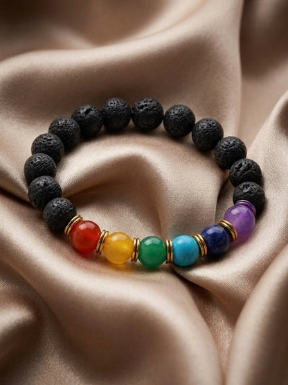 7 Chakra Lava Stone Beaded Stretch Bracelet — Dyed Stone & Gold Spacers, 7"