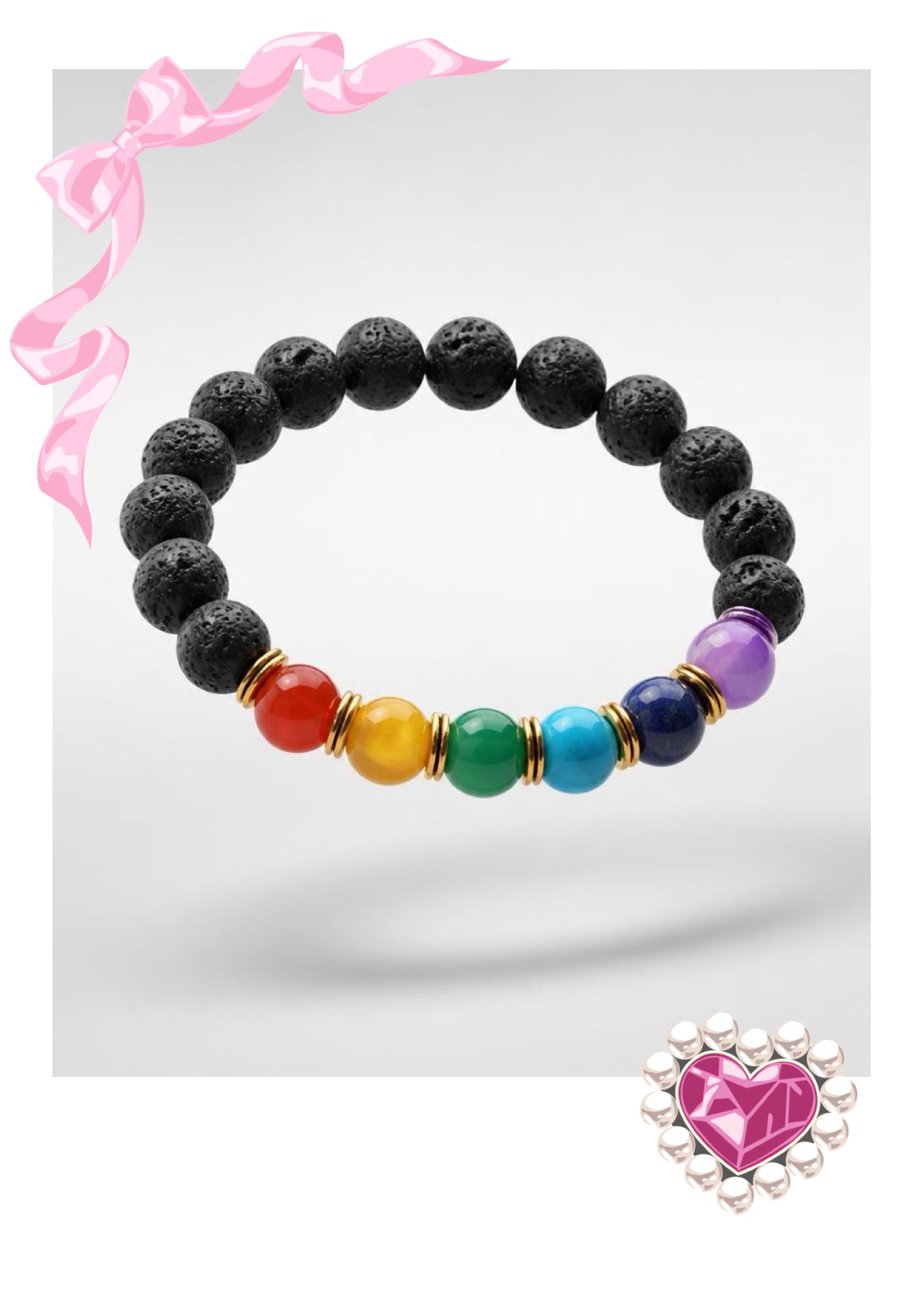 7 Chakra Lava Stone Beaded Stretch Bracelet — Dyed Stone & Gold Spacers, 7"