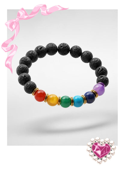 7 Chakra Lava Stone Beaded Stretch Bracelet — Dyed Stone & Gold Spacers, 7"